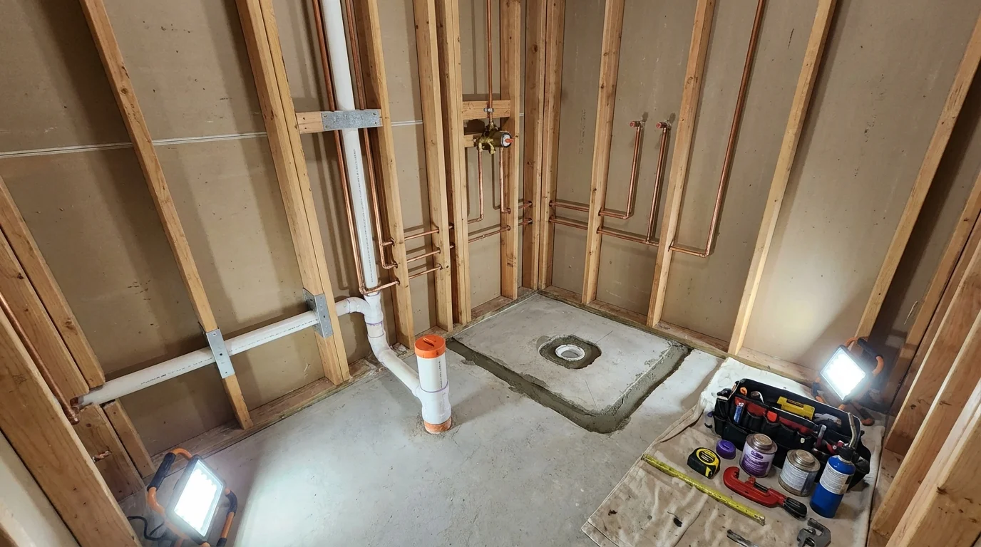 Bathroom rough-in plumbing during remodel by Johns Plumbing LLC in Olathe