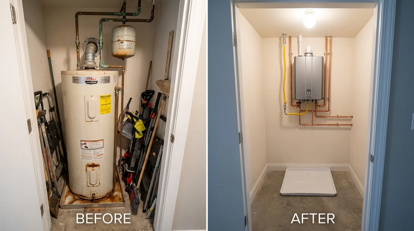 Tank water heater versus wall-mounted tankless unit comparison for Olathe, CO homeowners