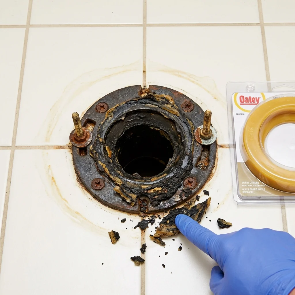 Failed wax ring showing water seepage at the base of a toilet in a Olathe, CO home