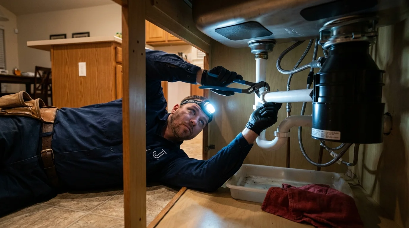 P-trap and supply line connections under a kitchen sink showing a common leak point in Olathe, CO